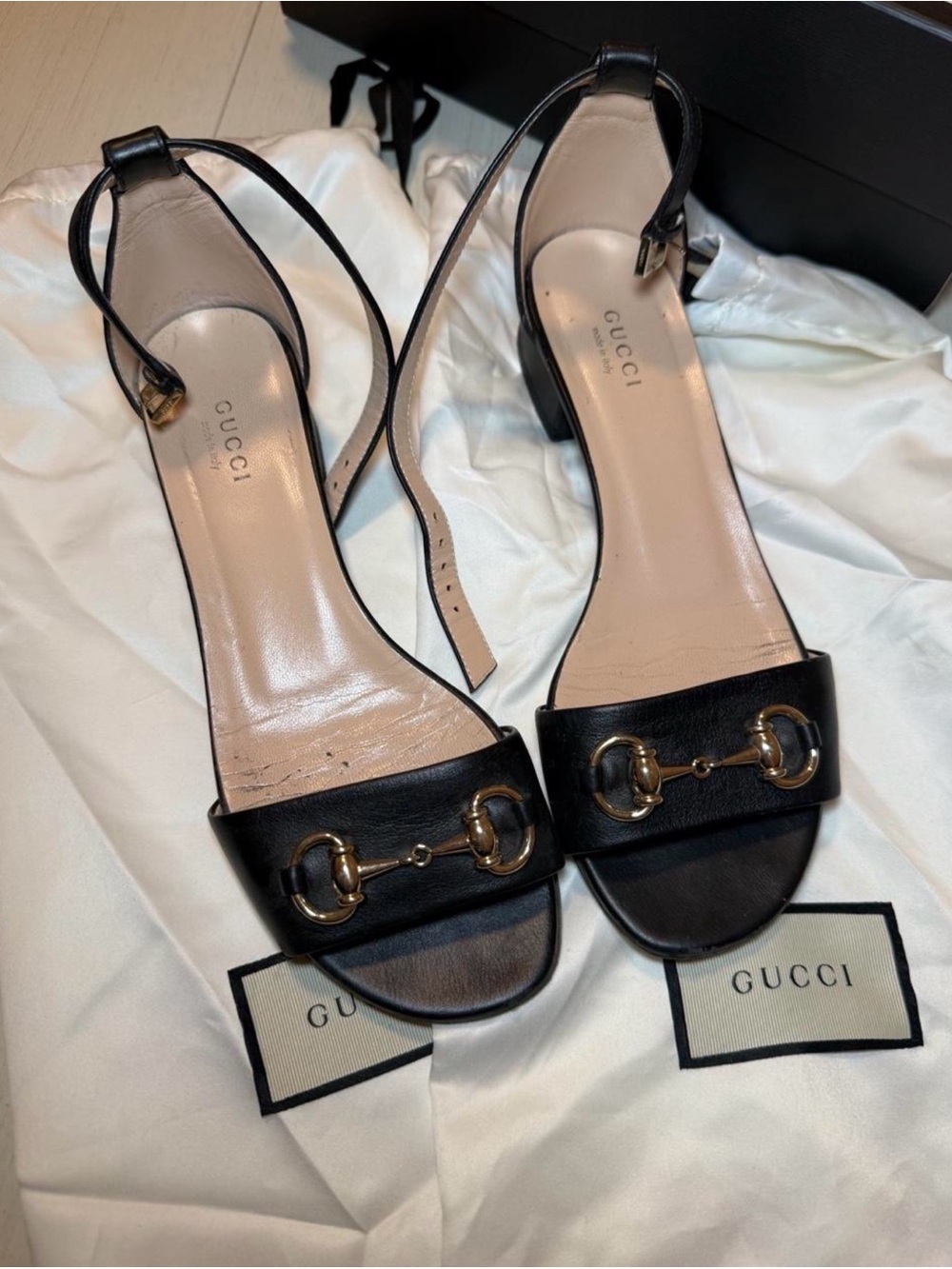 Gucci Black Leather Horsebit Ankle-Strap Sandals with Gold Hardware
